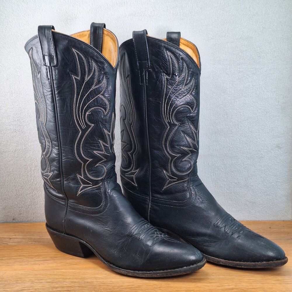 Jama Old West Men's 10D Slip-On Cowboy Boots Black Leather Embroidered Vintage